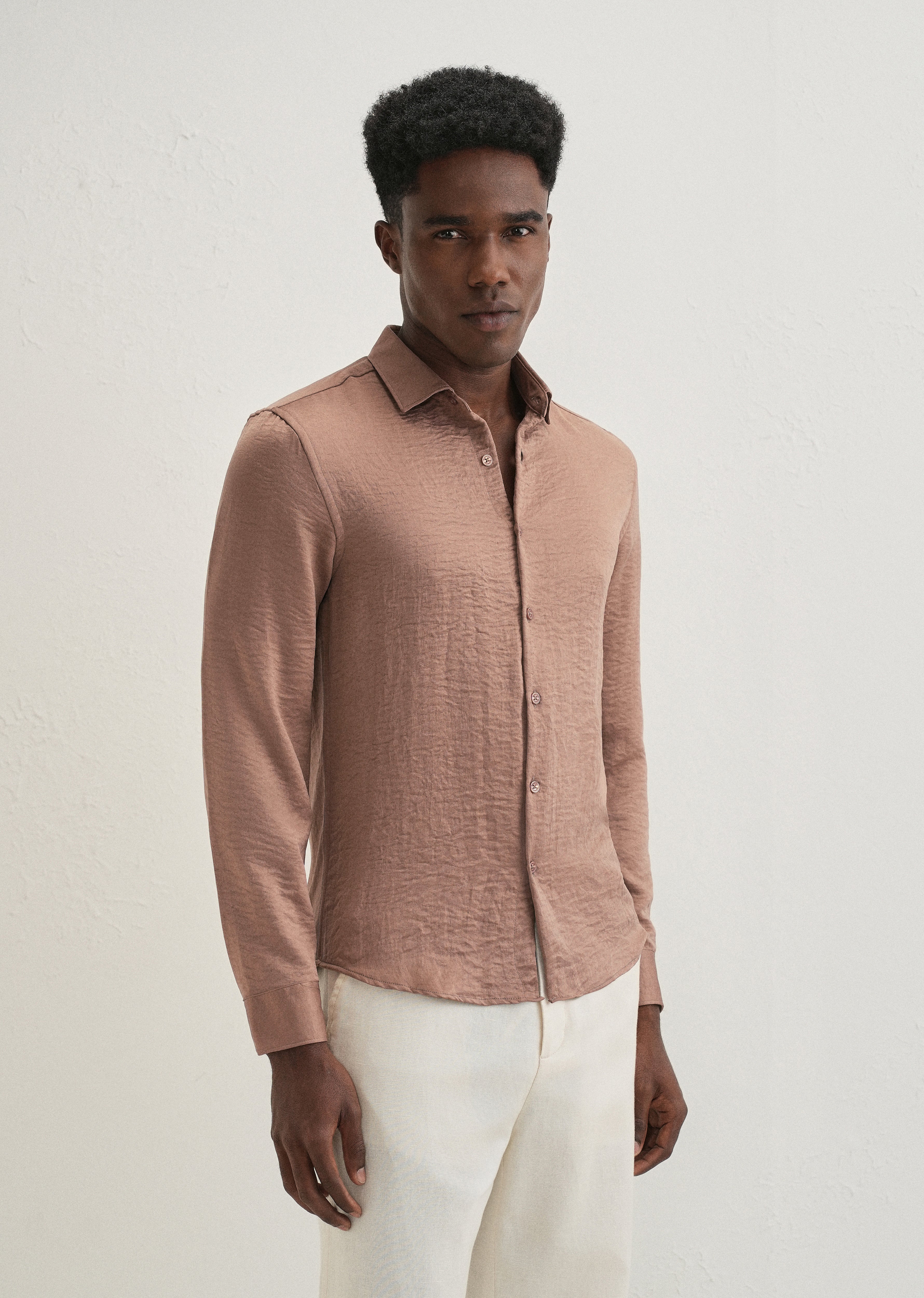 Wood Brown Plain Crushed Satin Shirt - Image 5