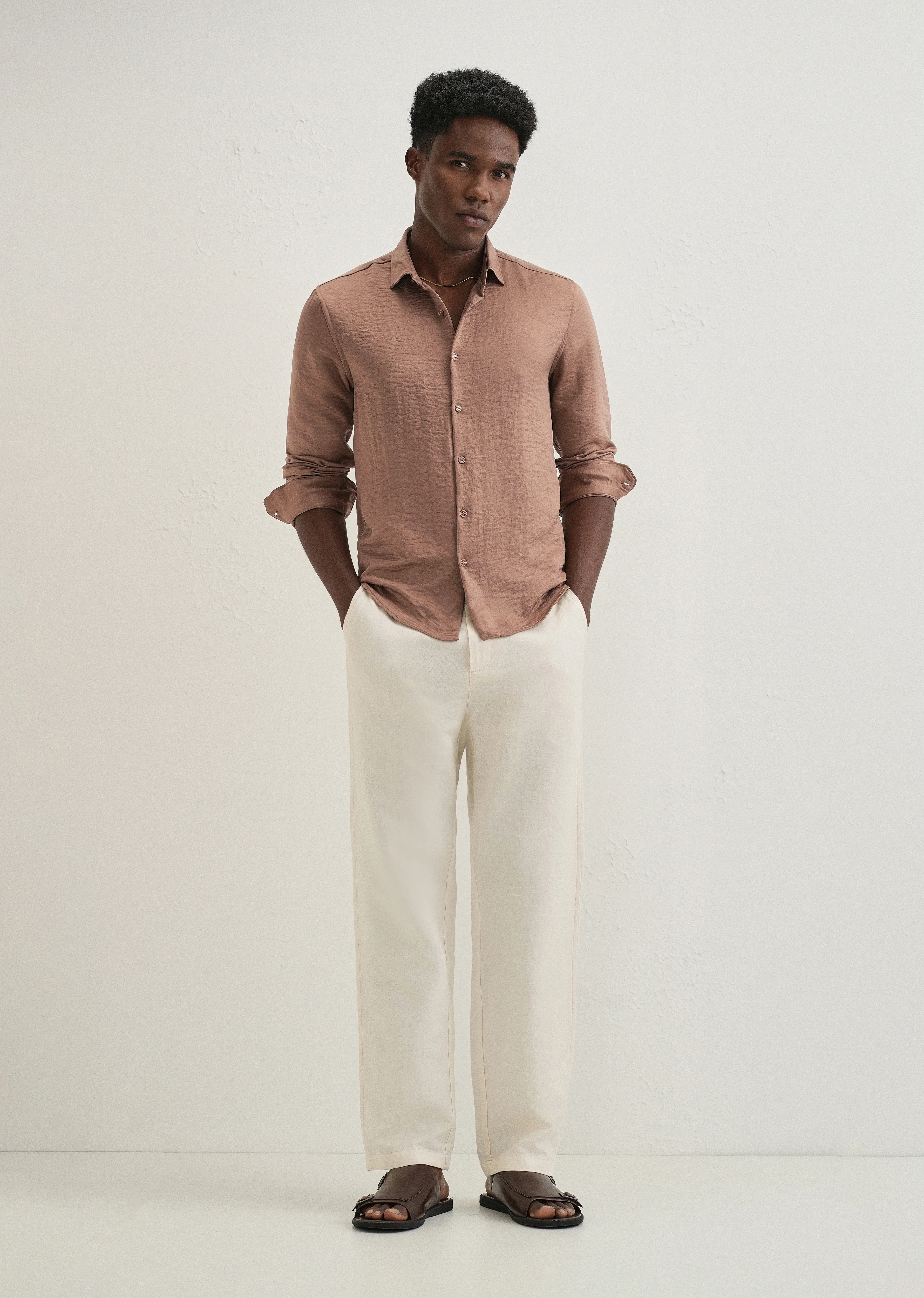 Wood Brown Plain Crushed Satin Shirt - Image 6