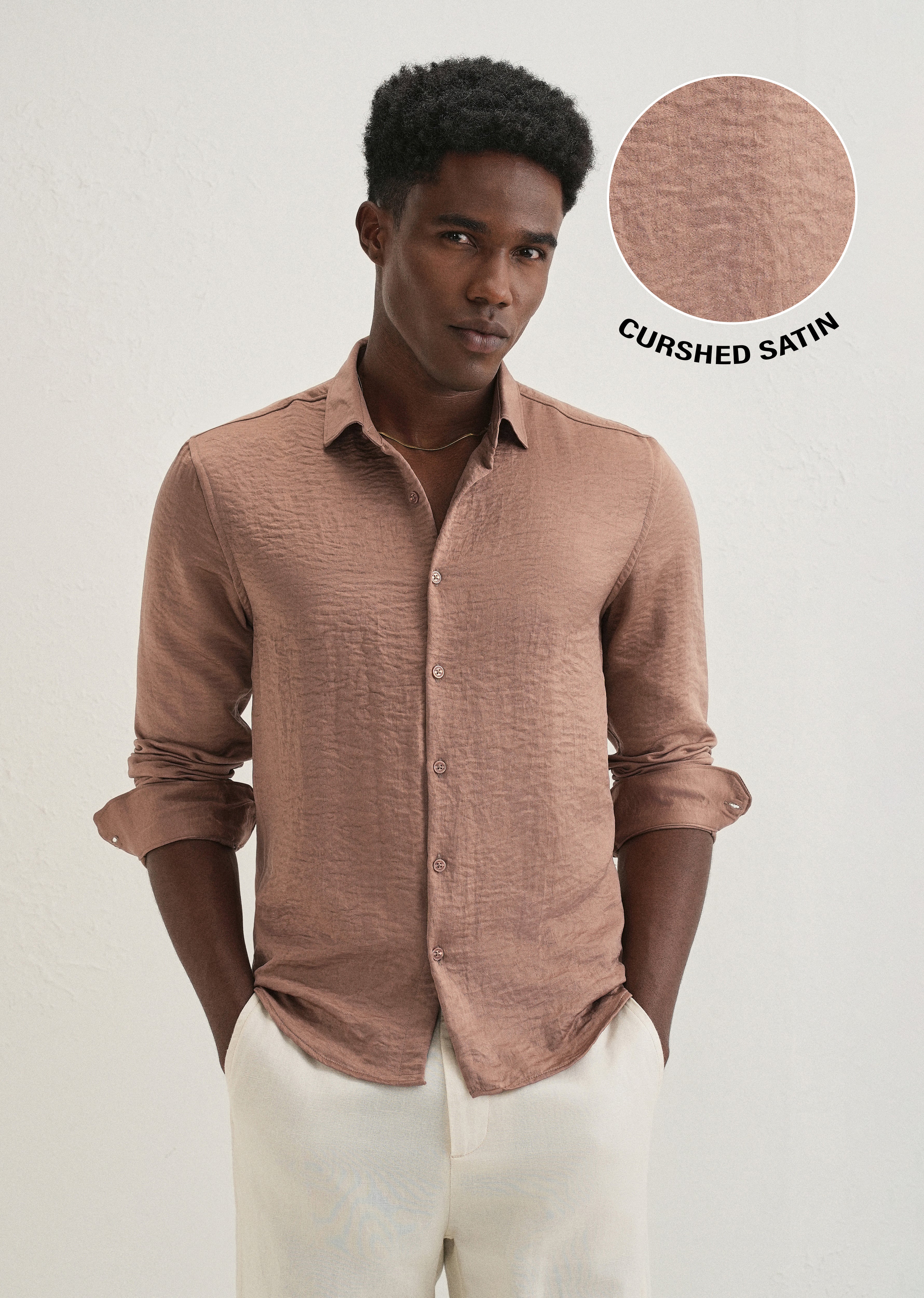 Wood Brown Plain Crushed Satin Shirt - Image 7
