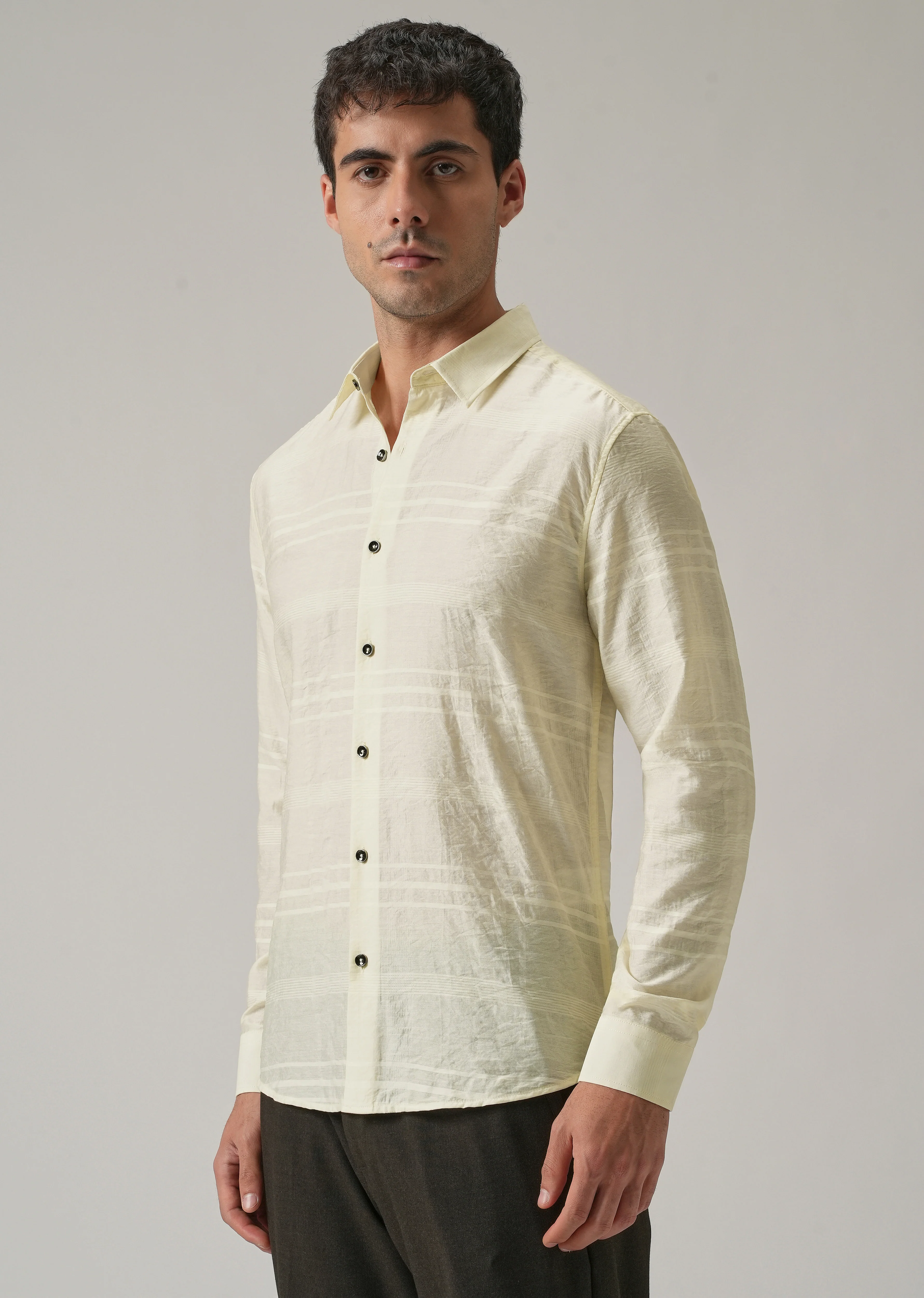 Yellow Crinkled Self Stripe Shirt - Image 4