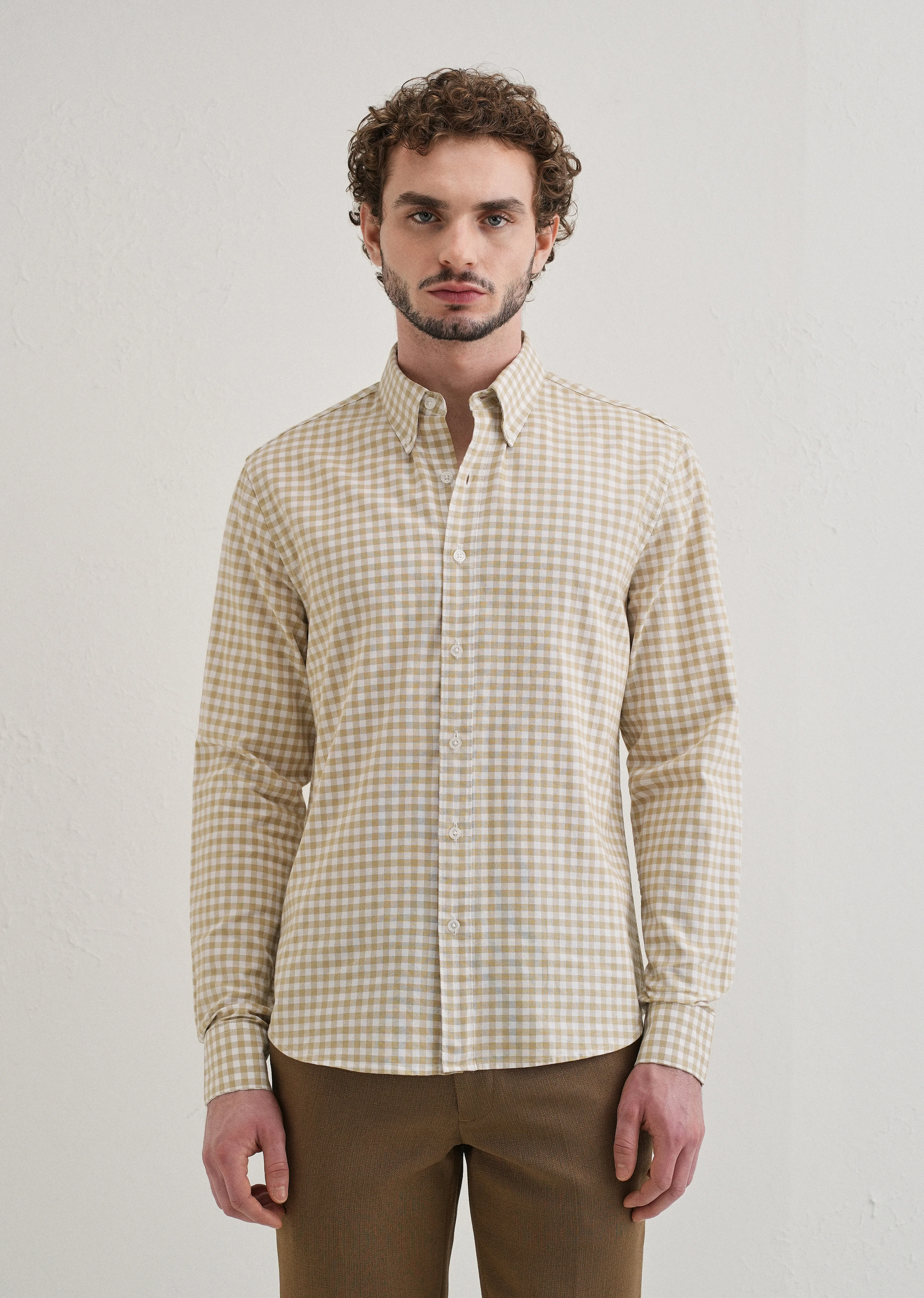 Tan Beige Gingham Check Cotton Oxford Shirt - Image 3