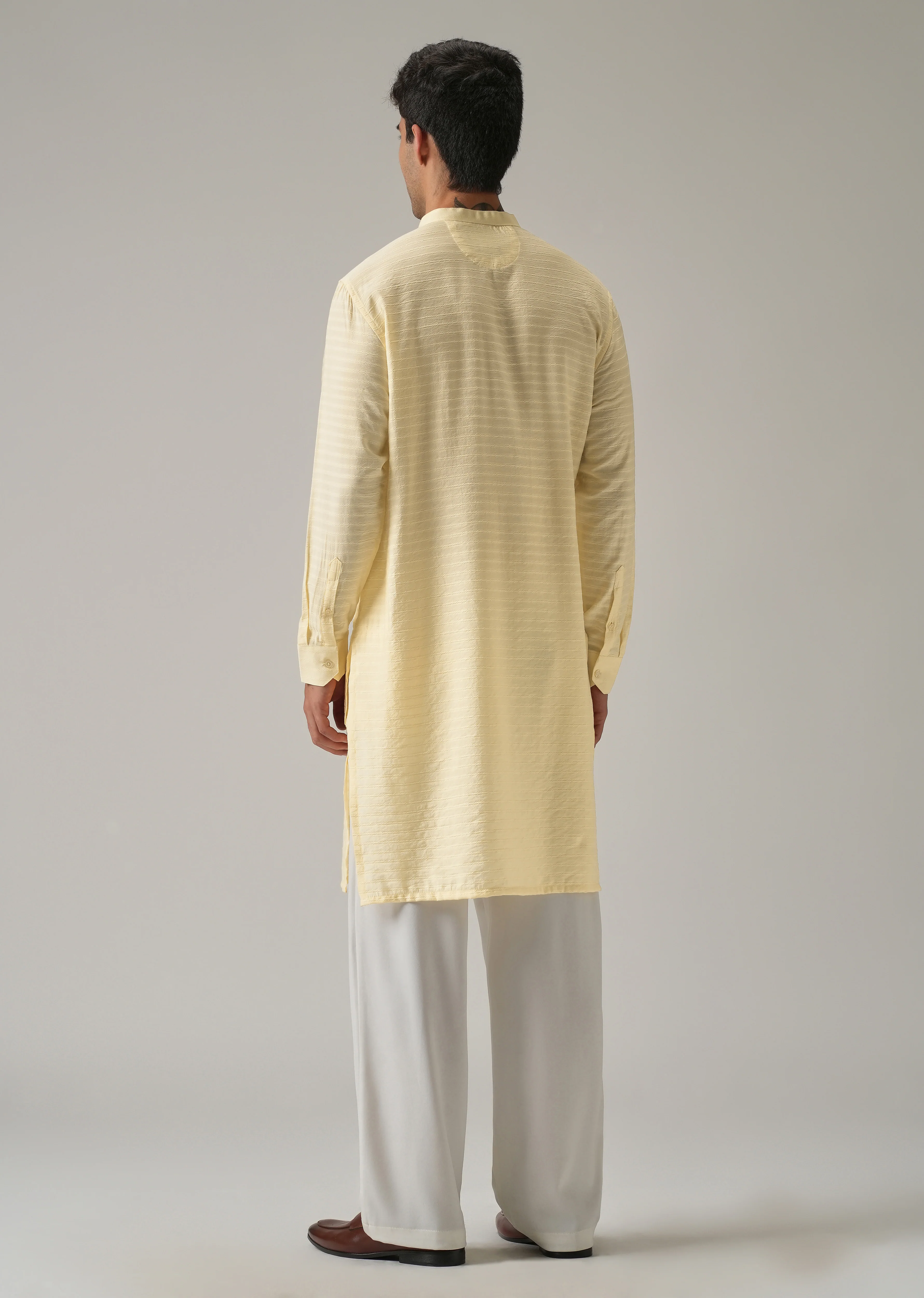 Yellow Nylon Self Stripe Kurta - Image 2