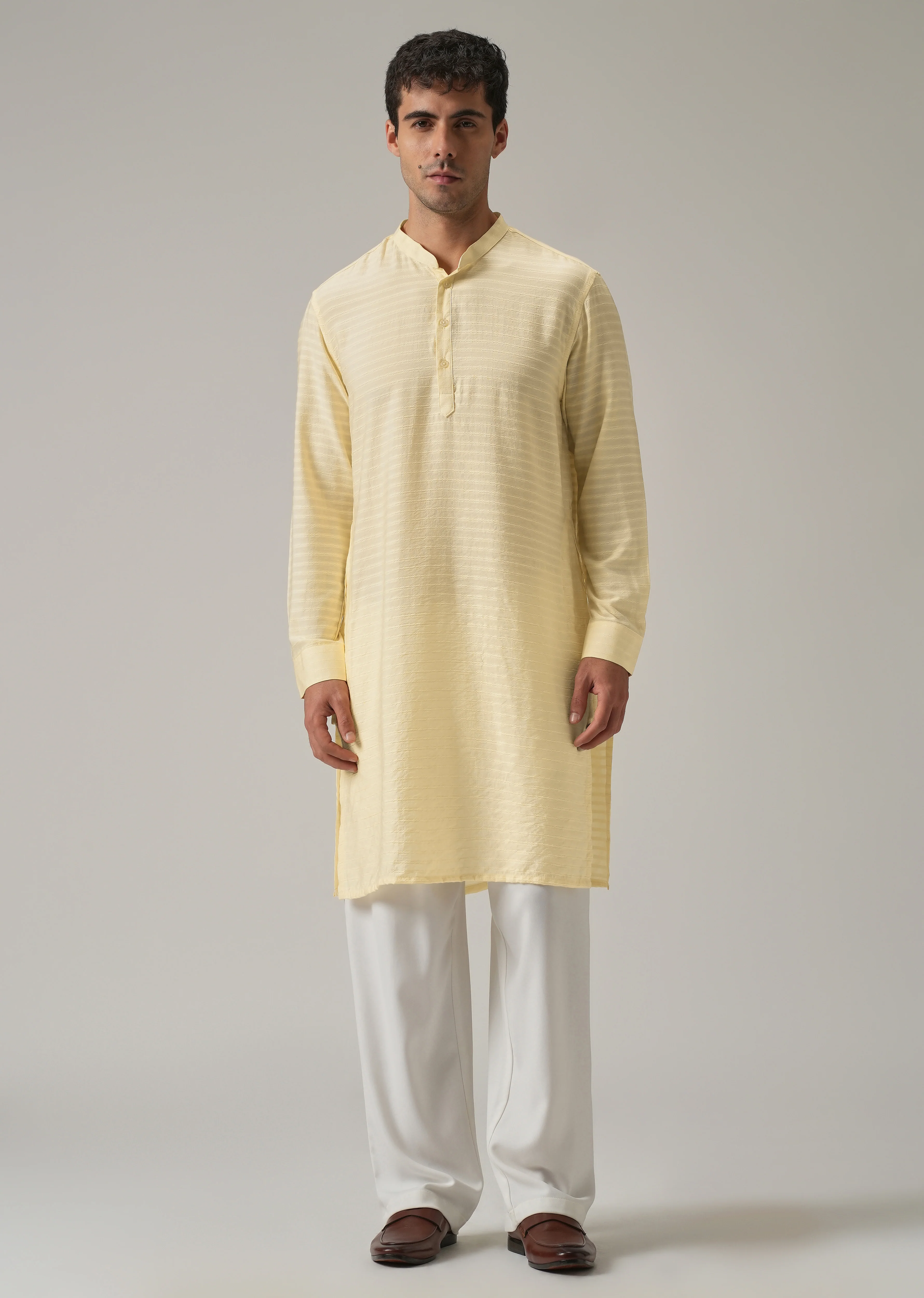 Yellow Nylon Self Stripe Kurta - Image 3