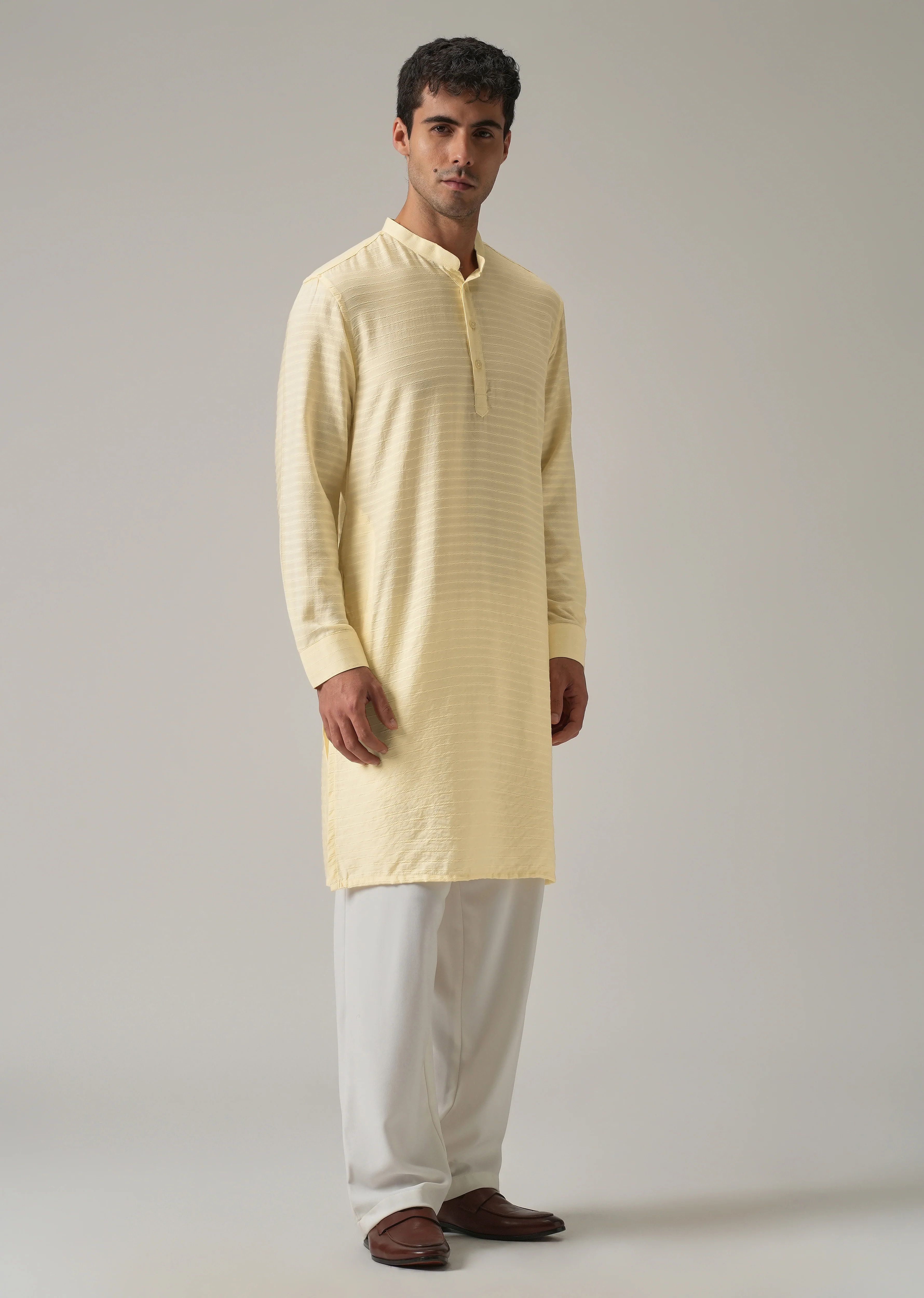 Yellow Nylon Self Stripe Kurta - Image 4