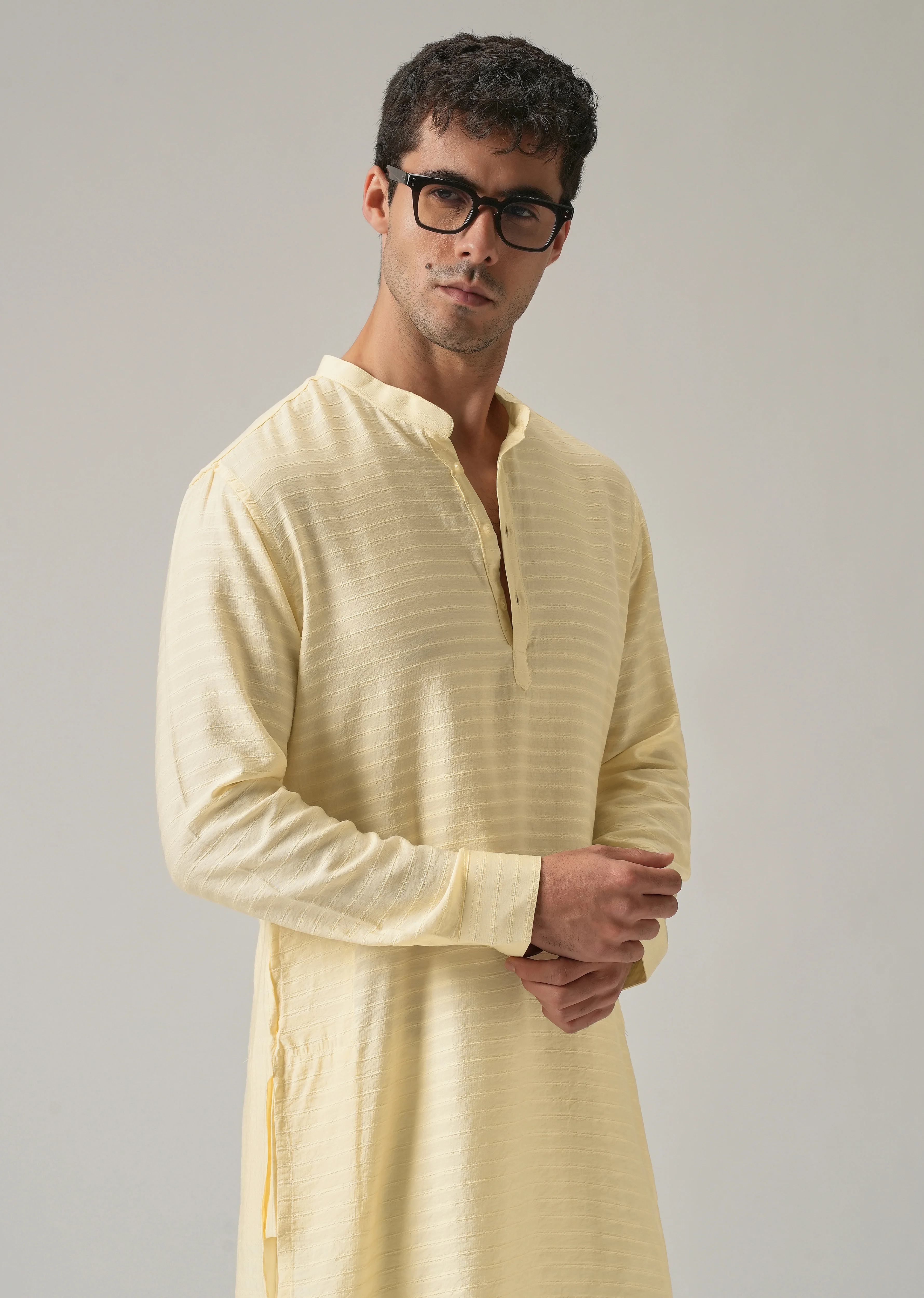 Yellow Nylon Self Stripe Kurta - Image 6