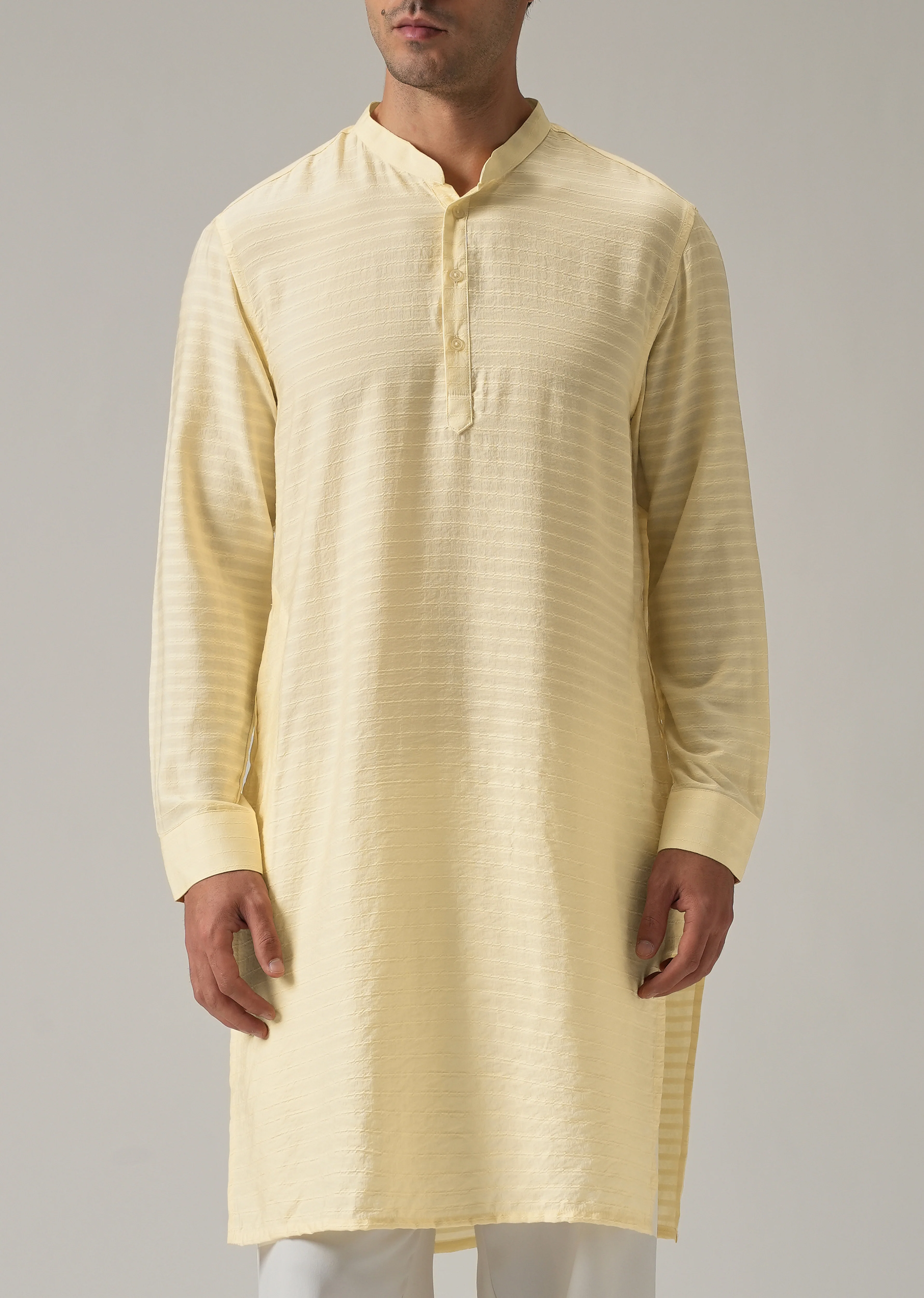 Yellow Nylon Self Stripe Kurta - Image 7